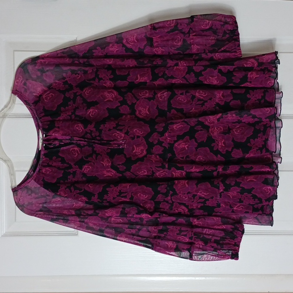 Terra & Sky Black Pink Floral Mesh Peasant Top Long Sleeves Size 1X